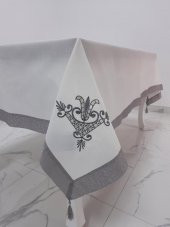 Finezza İrem Gri Nakışlı Keten Kumaş Krem Masa Örtüsü 160*220 Cm - 989 - 2