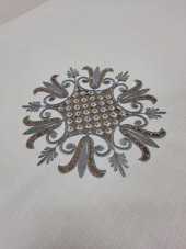 Finezza İrem Gri Nakışlı Keten Kumaş Krem Masa Örtüsü 160*220 Cm - 989 - 3