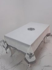 Finezza İrem Gri Nakışlı Keten Kumaş Krem Masa Örtüsü 160*220 Cm - 989 - 5