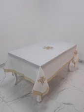 Finezza İrem Bej Nakışlı Keten Kumaş Krem Masa Örtüsü 160*220 Cm - 990 - 1