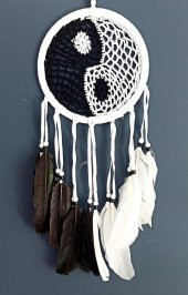 Siyah Beyaz Dream Catcher Kuş Tüylü Boncuklu Düş Kapanı Duvar Süsü - 2