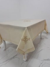 Finezza İrem Bej Nakışlı Keten Kumaş Bej Masa Örtüsü 160x220 Cm - 994 - 3