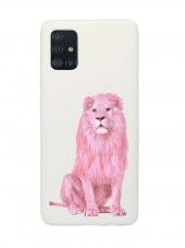 Samsung A51 Pembe Aslan Desenli Premium Silikonlu Beyaz Telefon Kılıfı - 1