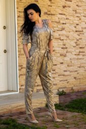 Sarı Açık Omuz Yılan Desen Esnek Viskon Bluz Şalvar Kadın Alt Üst Takım 22KAUTYILN - 1