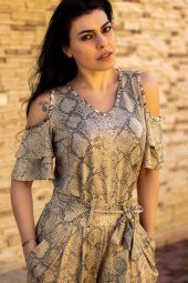 Sarı Açık Omuz Yılan Desen Esnek Viskon Bluz Şalvar Kadın Alt Üst Takım 22KAUTYILN - 3