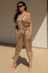 Sarı Açık Omuz Yılan Desen Esnek Viskon Bluz Şalvar Kadın Alt Üst Takım 22KAUTYILN - 8