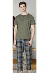 Poleren 6429 Patlı Kısa Kollu Ekoseli Erkek Pijama Takımı - 3
