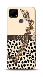 Realme C25 Kılıf Love Yourself Çiçekli Leopar Desenli Zincirli - 1