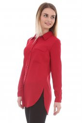Cep Detaylı Kırmızı Kadın Gömlek - 1