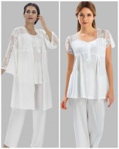 Duchesse 3008 Ecru Hamile Lohusa 3 Lü Pİjama Sabahlık Tk - 2