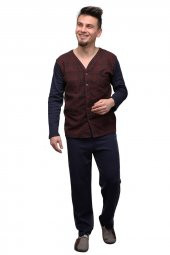 Düğmeli V Yaka Erkek Pijama Takımı | Bordo - 1