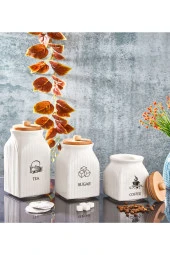 3' Lü Vakumlu Ahşap Kapaklı Beyaz Kavanoz Seti Takımı Baharat Çay Tuz Şeker Kahve Kavanozu - 1