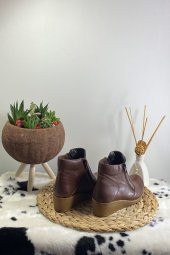Kadın Dolgu Taban Kahverengi Hakiki Deri Bot - 4