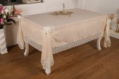 Finezza Fedora Lüx  Dantelli Keten Kumaş Koyu Krem Masa Örtüsü 170x230 cm - 1002 - 1