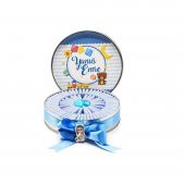 Nin Erkek Bebek Çikolatası Metal Yuvarlak Kutu Mavi Ayıcık Baskılı (80 Adet Napoliten Çikolata) - 5