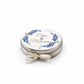 Nin Söz ve Nişan Çikolatası Metal Yuvarlak Kutu Mavi Yaprak Baskılı (80 Adet Napoliten Çikolata) thumbnail 2