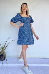 Kadın Çiçek Desenli Kare Yaka Elbise Lacivert - 1
