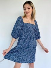 Kadın Çiçek Desenli Kare Yaka Elbise Lacivert - 3