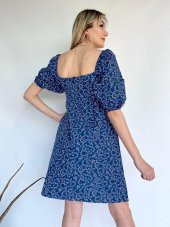 Kadın Çiçek Desenli Kare Yaka Elbise Lacivert - 7