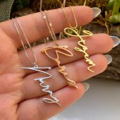 İsimli Dikey İmza Altın Gold 925 Ayar Gümüş Zincir Kolye Kişiye Özel Tasarım - 3