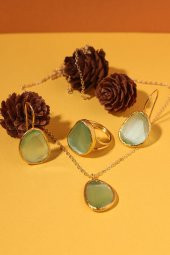 Güneş Taşı Fasülye Kesim Turkuaz Kedi Gözü  22 Ayar Altın Kaplama Kadın Üçlü Set 925 Ayar Gümüş Zincirli - 1