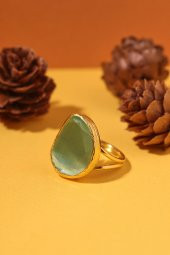 Güneş Taşı Fasülye Kesim Turkuaz Kedi Gözü  22 Ayar Altın Kaplama Kadın Üçlü Set 925 Ayar Gümüş Zincirli - 4