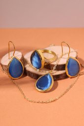 Güneş Taşı Damla Kesim Mavi Kedi Gözü 22 Ayar Altın Kaplama Kadın Üçlü Set 925 Ayar Gümüş Zincirli - 1