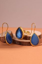 Güneş Taşı Damla Kesim Mavi Kedi Gözü 22 Ayar Altın Kaplama Kadın Üçlü Set 925 Ayar Gümüş Zincirli - 2