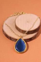 Güneş Taşı Damla Kesim Mavi Kedi Gözü 22 Ayar Altın Kaplama Kadın Üçlü Set 925 Ayar Gümüş Zincirli - 3