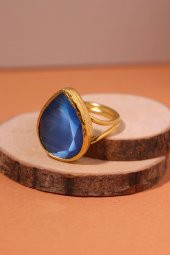 Güneş Taşı Damla Kesim Mavi Kedi Gözü 22 Ayar Altın Kaplama Kadın Üçlü Set 925 Ayar Gümüş Zincirli - 4