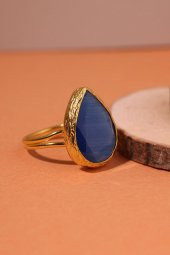 Güneş Taşı Damla Kesim Mavi Kedi Gözü 22 Ayar Altın Kaplama Kadın Üçlü Set 925 Ayar Gümüş Zincirli - 5