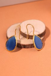 Güneş Taşı Damla Kesim Mavi Kedi Gözü 22 Ayar Altın Kaplama Kadın Üçlü Set 925 Ayar Gümüş Zincirli - 6