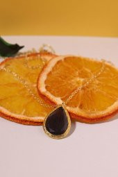 Güneş Taşı Damla Kesim Siyah Kedi Gözü 22 Ayar Altın Kaplama Kadın Üçlü Set 925 Ayar Gümüş Zincirli - 6