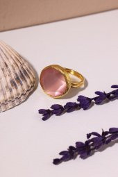 Güneş Taşı Yuvarlak Kesim Pembe Kedi Gözü  22 Ayar Altın Kaplama Kadın Üçlü Set 925 Ayar Gümüş Zincirli - 7