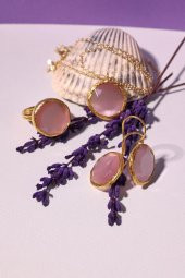 Güneş Taşı Yuvarlak Kesim Pembe Kedi Gözü  22 Ayar Altın Kaplama Kadın Üçlü Set 925 Ayar Gümüş Zincirli - 9