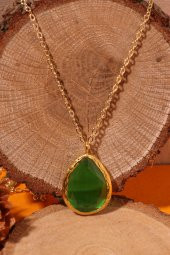 Güneş Taşı Damla Kesim Yeşil Kedi Gözü 22 Ayar Altın Kaplama Kadın Üçlü Set 925 Ayar Gümüş Zincirli - 2