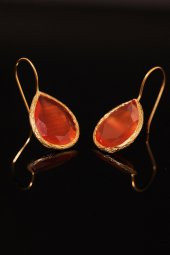 Güneş Taşı Damla Kesim Kırmızı Kedi Gözü 22 Ayar Altın Kaplama Kadın Üçlü Set 925 Ayar Gümüş Zincirli - 5