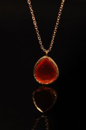 Güneş Taşı Damla Kesim Kırmızı Kedi Gözü 22 Ayar Altın Kaplama Kadın Üçlü Set 925 Ayar Gümüş Zincirli - 6