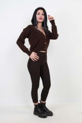 Hipatu Kadın Tiftik Düğmeli Düz Hırka - Kahve - 5