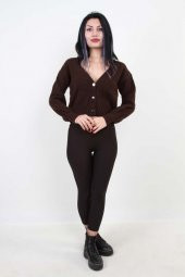 Hipatu Kadın Tiftik Düğmeli Düz Hırka - Kahve - 6