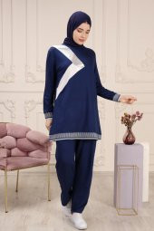 Elele Kadın Fulin Lameli Ribanalı Tunik Pantolon Takım Saks - 2