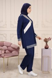 Elele Kadın Fulin Lameli Ribanalı Tunik Pantolon Takım Saks - 3