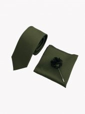 Brianze Haki Yeşili Kravat Mendil Yaka Çİçeği Set thumbnail 2