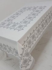 Finezza Otantik Baskılı Keten Kumaş Kreme Gri Masa Örtüsü 160X220 Cm - 1033 - 1