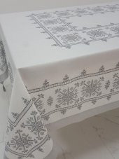 Finezza Otantik Baskılı Keten Kumaş Kreme Gri Masa Örtüsü 160X220 Cm - 1033 - 2