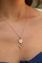 925 Ayar Gümüş Mineli Papatya Tasarım Kolye - 5