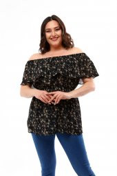 Lir Kadın Büyük Beden Çiçek Desenli Bluz Siyah L2329 - 1