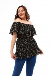 Lir Kadın Büyük Beden Çiçek Desenli Bluz Siyah L2329 - 2