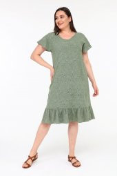 Schık Kadın Büyük Beden Brodeli Yarım Kol Elbise Haki SCKWM22EL03 - 1