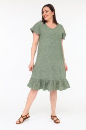 Schık Kadın Büyük Beden Brodeli Yarım Kol Elbise Haki SCKWM22EL03 - 3